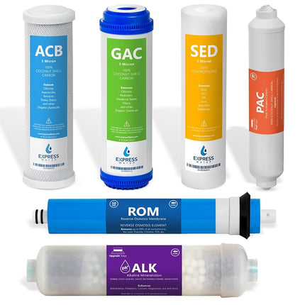 Express Water – 6 Months Alkaline Reverse Osmosis System Replacement Filter Set – 6 Filters with 50 GPD RO Membrane, Carbon (GAC, ACB, PAC) Filters, Sediment (SED) Filters – 10 inch Size Water Filters