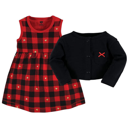 Hudson Baby Baby Girls' Cotton Dress and Cardigan Set, Gold Heart Buffalo Plaid, 5T