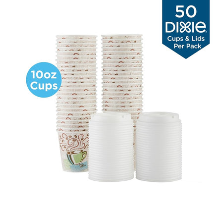 Dixie PerfecTouch Paper Hot Cups and Lids Combo, 10 oz, Multicolor, 50 Cups/Lids/Pack