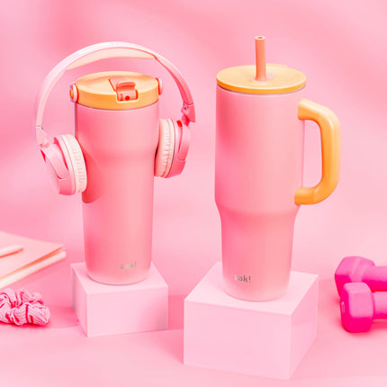 Zak Designs Sutton Travel Tumbler for On The Go, 40oz Stainless Steel with Vacuum Insulation, Silicone Straw, and Carry Handle for Cold Drinks (So Sweet Pink)