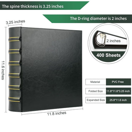 Vintage 3 Ring Binder, 2 Inch Capacity D Ring Leather Binder, Classical Collection Executive Presentation View Binder with Pocket, Professional Binder Organizer Planner (Holds 400 Sheets), Dark Green
