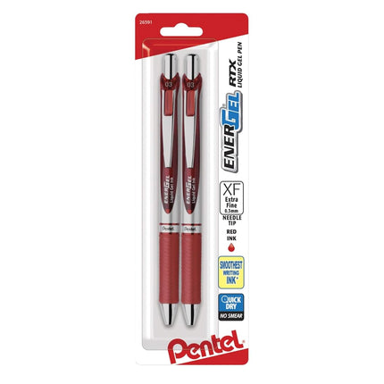 Bolígrafo de gel líquido retráctil Pentel EnerGel RTX, punta de aguja (0,3 mm), línea extrafina, tinta roja, paquete de 2 (BLN73BP2B)