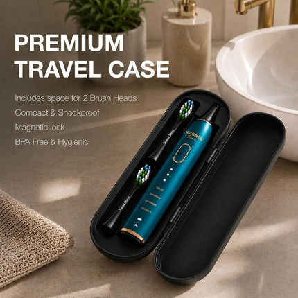 Wagner Stern IntelliBrush Series Whitening Electric Toothbrush with Pressure Sensor. Offers 4 Brushing Modes, 3 intensities, 8 Soft Brush Heads, and a Luxury Travel case.