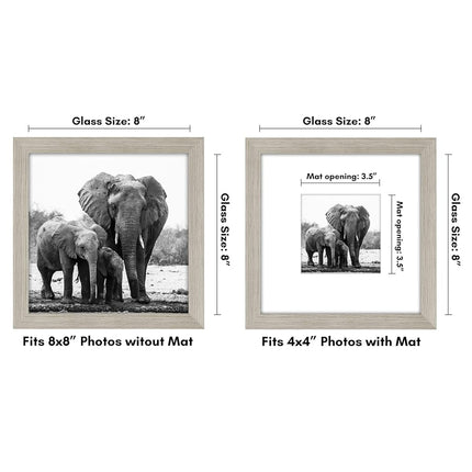 Cadre photo Americanflat 8x8 en bois flotté - Affiche 4x4 avec passe-partout et 8x8 sans passe-partout - Bois composite avec verre incassable pour mur et table