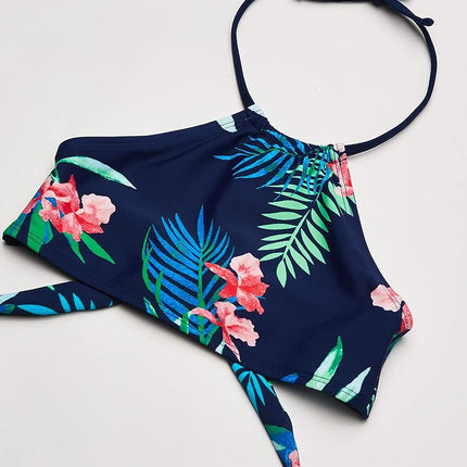 Kanu Surf Girls' Mahina UPF 50+ - Bikini de playa deportivo de 2 piezas con cuello halter, Leonie Floral Navy, 14