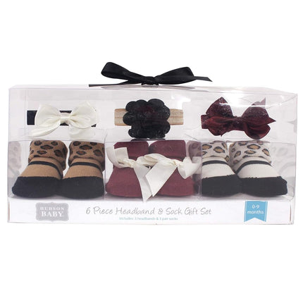 Hudson Baby Baby Girls' Headband and Socks Gift Set, Burgundy Leopard 6-Pack, 1 Count (Pack of 6)