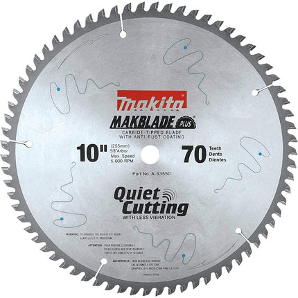 Lame de scie à découper Makita A-93550 MakBlade de 10 po à 70 dents ATB silencieuse, avec arbre de 5/8 po