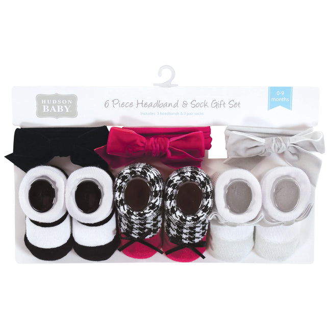 Hudson Baby Girl's Headband and Socks Giftset, Black Pink, One Size
