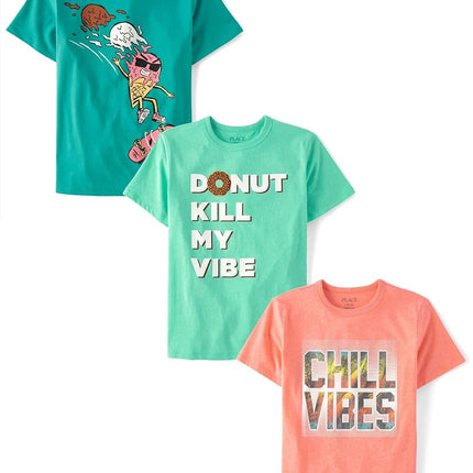 T-shirts graphiques à manches courtes pour garçons The Children's Place Gamer, lots multiples, cornet de glace/donut/ambiance décontractée, grande taille