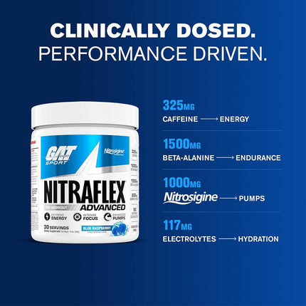 GAT Clinically Tested Nitraflex, Testosterone Enhancing Pre Workout, Blue Raspberry,300 Gram
