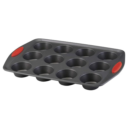 Rachael Ray Yum-o! Nonstick Bakeware 12-Cup Muffin & Cupcake Tin with Grips - Gray with Red Grips