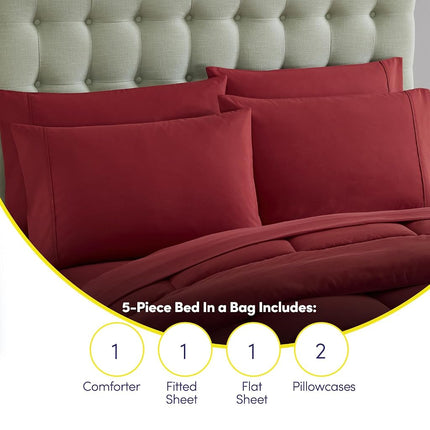 Sweet Home Collection 7 Piece Comforter Set Bag Solid Color All Season Soft Down Alternative Blanket & Luxurious Microfiber Bed Sheets, Red, Twin XL