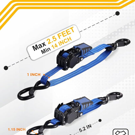 Strapinno Retractable Ratchet Straps - 1 in x 2.5 ft Heavy Duty Boat Transom Tie Down, 2PCS, 2400lbs Breaking Strength, S Hooks with Safety Clip, for Boat, Jetski, Seadoo, Waverunner, and PWCs (Blue)