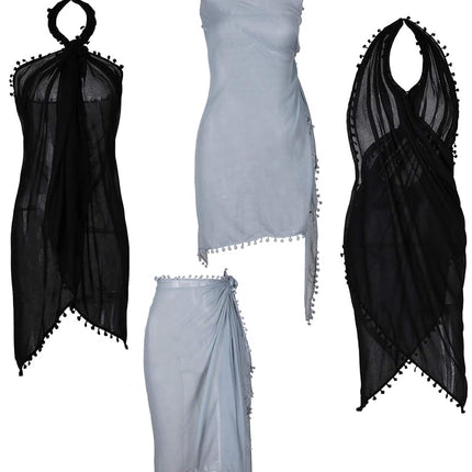 2 Pieces Women Beach Sarong Pareo Swimsuit Cover Ups Chiffon Long Sarong Wrap Pareo with Tassel for Women Girls (Black, Grey)