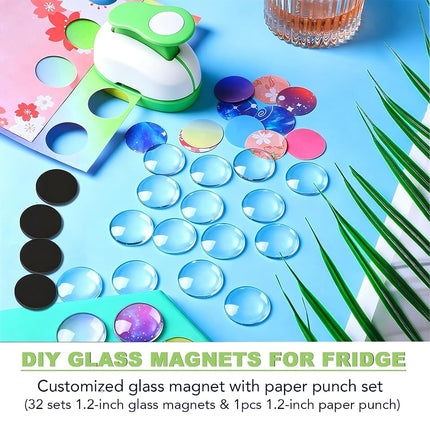 65pcs 1.2 Inch DIY Fridge Glass Magnets Craft Set Include 1.2“ Paper Punch,Craft Magnet with Adhesive Backing and Clear Glass Cabochons for Refrigerator (32 Sets,1.2 in/30mm, Round)