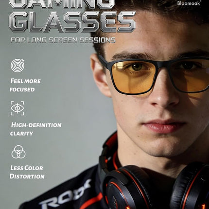 Bloomoak-99% Blue Light Blocking Glasses - Gaming Glasses - Anti Glare - Anti Fatigue -Suitable for Screens, Games, TVs (76% - Best for Gaming (Hard Case Included), Yelow Lens - DayNight)