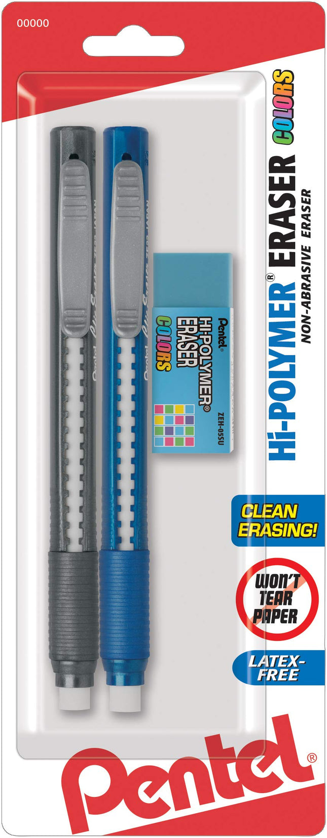 Pentel 3-Piece Eraser Pack, 2 Clic Erasers, 1 Block Eraser (ZEH0521BP3)