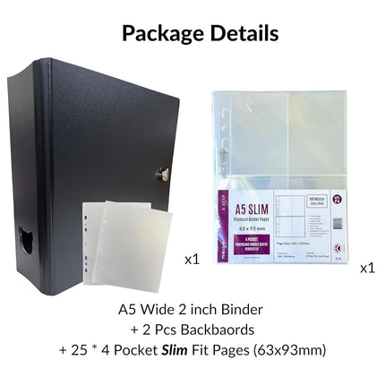 MEOWCAFE K-Keep A5 Wide 2 INCH Binder, Large Capacity Kpop Photocard Binder with 2 Backboards and 25 Single Sided A5 Slim Pages (Minimal Black)
