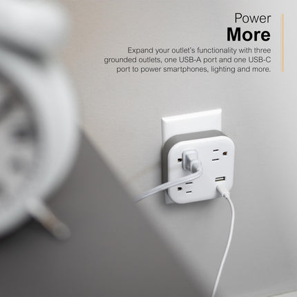 GE UltraPro 3-Outlet Surge Protector, Outlet Extendor with USB, Wall Tap, 1 USB-A, 1 USB-C, Adapter Spaced, for Home or Office, 900 Joules, Charging Station, White - 81787