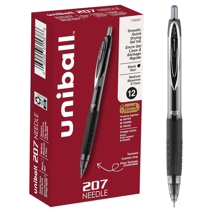 uni-ball 207 Needle Retractable Gel Pens, Medium Point (0.7mm), Black, 12 Count