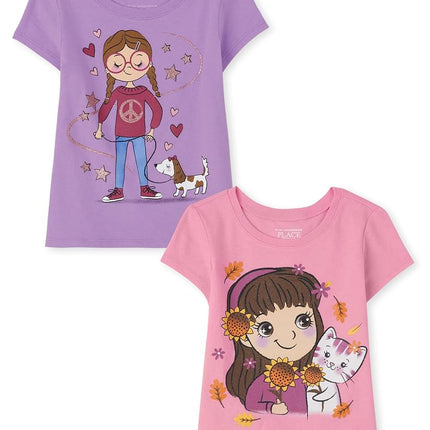 The Children's Place Camiseta gráfica de manga corta para niñas, paquete de 2, Perro niña/Gato niña, 18-24 meses