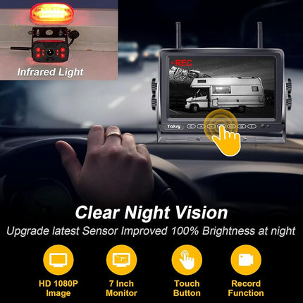 Wireless Reverse Camera System with 7" IPS Monitor, 1080P HD Backup Camera for RV, Caravan, Trailer & Truck, Up to 4 Cameras, Long Range Signal, Night Vision, IP69 Waterproof