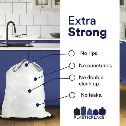 Plasticplace Custom Fit Trash Bags │ simplehuman (x) Code D Compatible (200 Count) │ White Drawstring Garbage Liners 5.2 Gallon / 20 Liter │ 15.75" x 28"