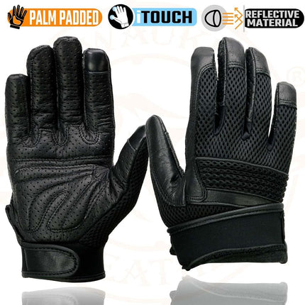 Milwaukee Leather MG7503 Guantes de cuero negro para hombre, compatibles con pantalla táctil, de malla para motocicleta de carreras con reflectores - Grande