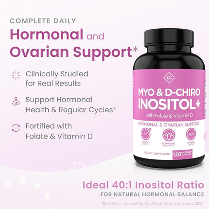 Premium Inositol Supplement - Myo-Inositol and D-Chiro Inositol Plus Folate and Vitamin D - Ideal 40:1 Ratio - Hormone Balance & Healthy Ovarian Support for Women - Vitamin B8-30 Day Supply