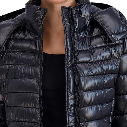 Cole Haan Women's Pearlized Faux Down Jacket with Removable Hood, Black, M