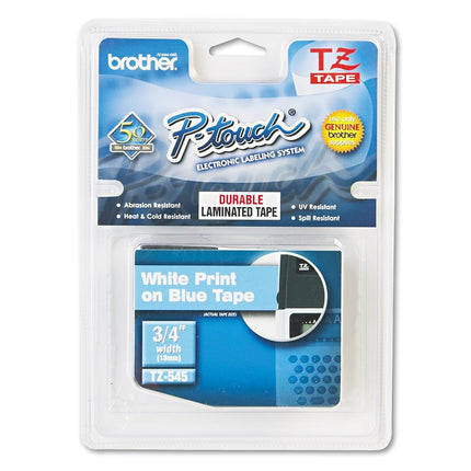 Brother Genuine P-Touch TZE-545 Tape, 3/4" (0.7") Standard Laminated P-Touch Tape, White on Blue, for Indoor or Outdoor Use, Water-Resistant, 26.2 ft (8 m), Single-Pack