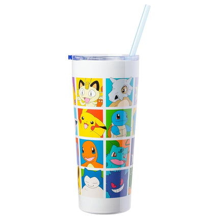 Gobelet isotherme en acier inoxydable double paroi Silver Buffalo Pokémon Pikachu, Ronflex, Salamèche, Carapuce, Bulbizarre, Évoli, Ectoplasma, Togepi, Magicarpe, Psykokwak, Rondoudou, Miaouss, Mew avec paille, 650 ml