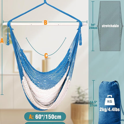 Chihee Handwoven Cotton Hammock Chair Large Hanging Rope Chair 7.9ft with Detachable Strong Metal Spreader Bar, Breathable Net Swing Seat Color Blocking, Portable with Carry Bag, Indoor Outdoor Use