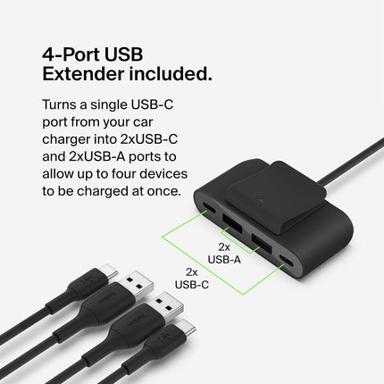 Chargeur de voiture rapide Belkin Boost↑Charge™ 30W, design compact avec port USB-C Power Delivery, extension d'alimentation USB 4 ports, compatibilité universelle pour iPhone 14, Galaxy S23, série Note et plus encore - Noir