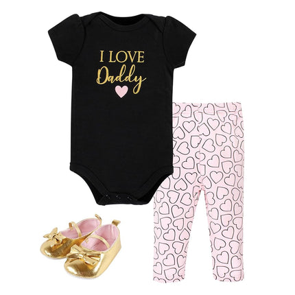 Hudson Baby Baby Cotton Bodysuit, Pant and Shoe Set, Girl Daddy, 6-9 Months