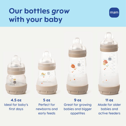 MAM 9oz Easy Start Anti-Colic Baby Bottles, Medium Flow with 2X Bonus Nipples (Fast and Extra Fast Flow), Reduces Colic, Gas, & Reflux, Easy-to-Clean, BPA-Free, 2 Plus Months