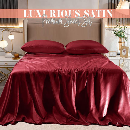 Elegant Comfort Luxurious 4-Piece Silky Satin Sheet Set, Skin and Hair Friendly, Wrinkle, Fade, Stain Resistant with Deep Pockets Fitted Sheet, Cooling Soft Satin Sheet Set, Twin, Burgundy