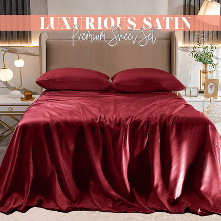 Elegant Comfort Luxurious 4-Piece Silky Satin Sheet Set, Skin and Hair Friendly, Wrinkle, Fade, Stain Resistant with Deep Pockets Fitted Sheet, Cooling Soft Satin Sheet Set, Twin, Burgundy