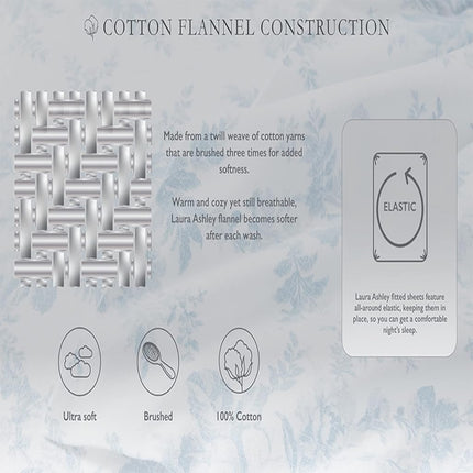 Laura Ashley Home | Flannel Collection Cotton Bedding Sheet Set, Pre-Shrunk & Brushed For Extra Softness, Comfort, and Cozy Feel, Twin, Le Fleur Cottage Blue