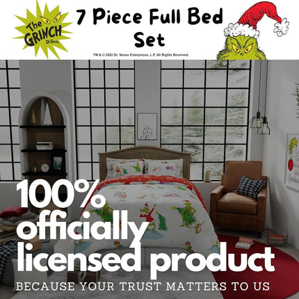 Housse de couette et parure de draps Franco avec taie, microfibre, Grinch-Blanc + Rouge, 7 pièces Grand lit
