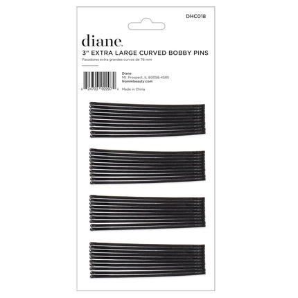 Diane 3” Curved Black Bobby Pins for Women, Girls, Salon, Hairdressing, Rollers, Long and Thick Hair, Large Flat Hair Pins with Ball Tips for Securing Updos, Flyaways, 40 Count