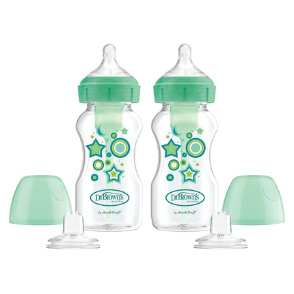 Kit de Démarrage Biberon à Bec Large Options+ Dr. Brown’s®, tétines niveau 3 avec bec de transition, 2 paquets de 270 ml, vert, 6 mois et +