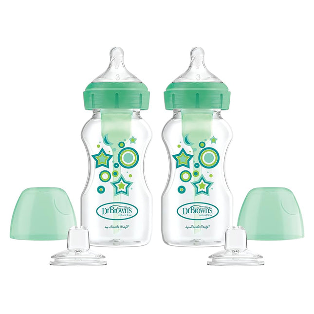 Dr. Brown�s� Options+� Wide-Neck Sippy Bottle Starter Kit, Level 3 Nipples with Transition Spout, 2 Pack 9oz, Green, 6mo+