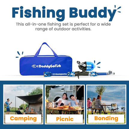 DaddyGoFish Kids Fishing Pole - Rod Reel Combo Tackle Box Starter Set - First Year Small Dock Gear Kit for Boys Girls Toddler Youth Age Beginner Little Children Junior Anglers (Blue, 4ft)