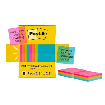 Post-it Colored Transparent Sticky Notes, 3x3 in, Sticks Securely and Removes Cleanly