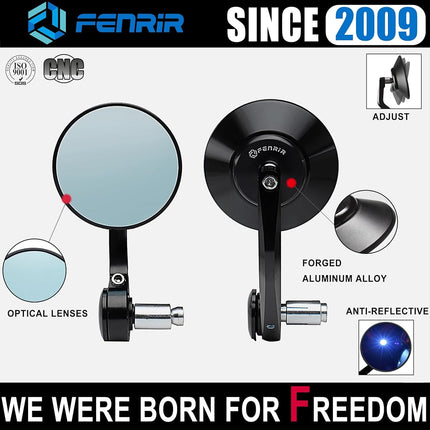 FENRIR (No EMARK Version) CNC Forged Aluminum Alloy Motorcycle Round Motorcycle Bar End Mirrors Handlebar Mirror Anti-glare Vibration-reducing design Curved lenses For Sport Street Cruiser Scooter