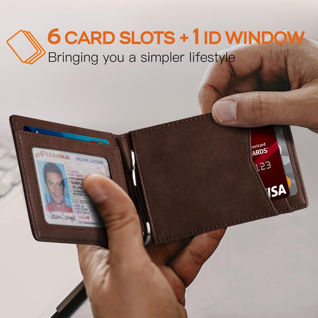 Portefeuille Fin pour Homme Cuir Véritable Blocage RFID Bifold Minimaliste Porte-Monnaie pour Homme avec Pince à Billets Boîte Cadeau Fine, Café Huilé-6 Fentes, S, Classique