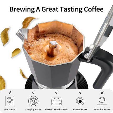 Mongdio Stovetop Espresso Maker Moka Pot, Stove Top Cuban Coffee Maker, Italian Greca Mocha Pot, 6 Espresso Cups, 10 oz - Black
