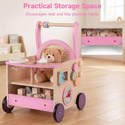 OLAKIDS Wooden Baby Walker, Activity Center Push Walking Toy with Wheels, Montessori Rattan Doll Stroller for Boys Girls Babies 12-36 Months