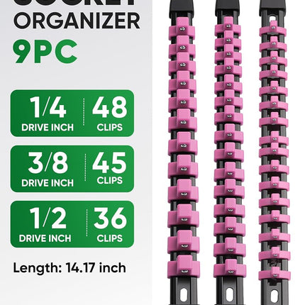 ALOANES 9pc ABS Socket Organizer Set, 1/2, 3/8 & 1/4 inch Drive Rail Holders, Heavy Duty Racks with Black Rails & Pink Clips